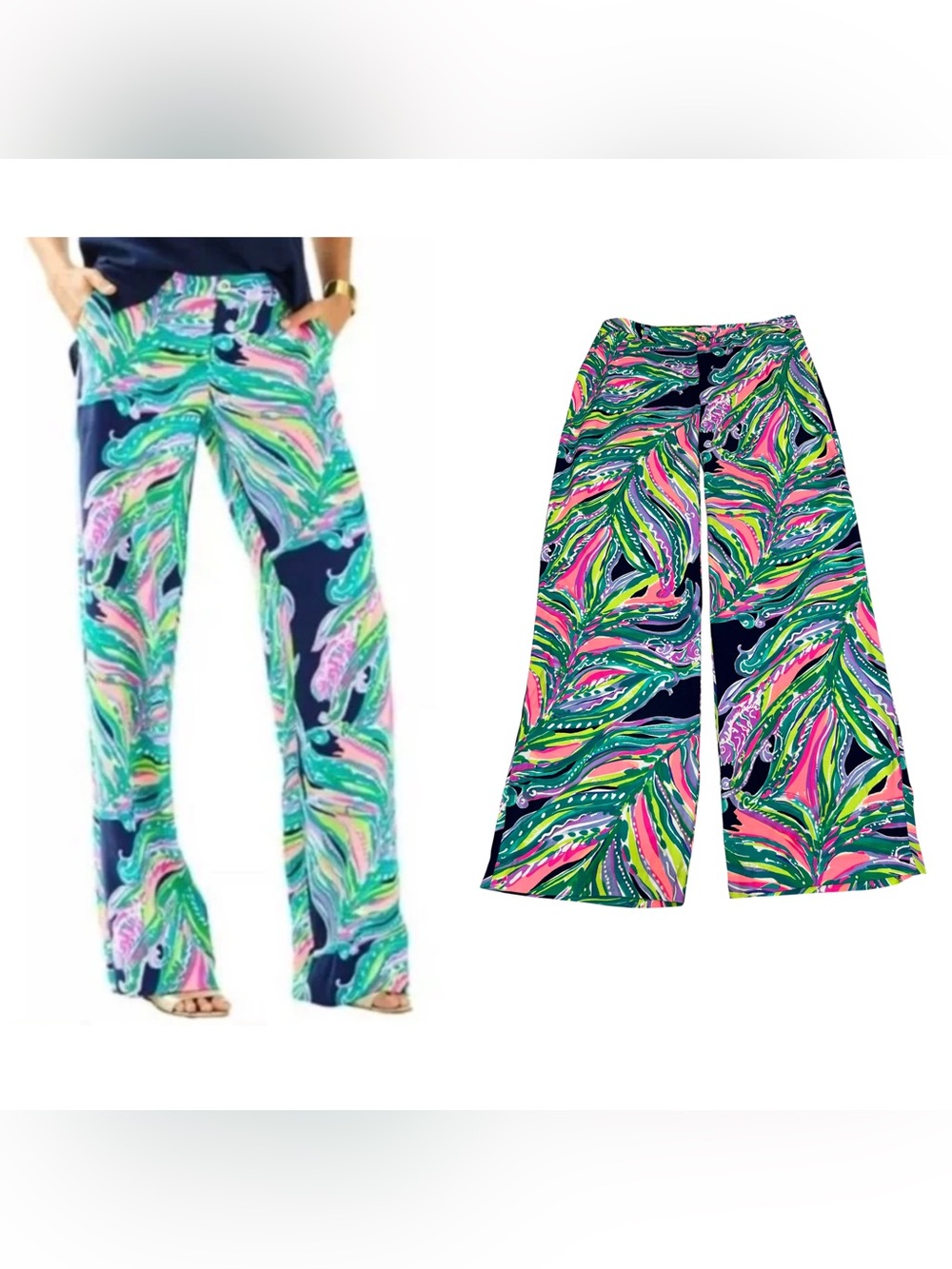 Lilly Pulitzer Braylen Palazzo Pant Wide Leg Bright Navy Leaf Print Size 10
